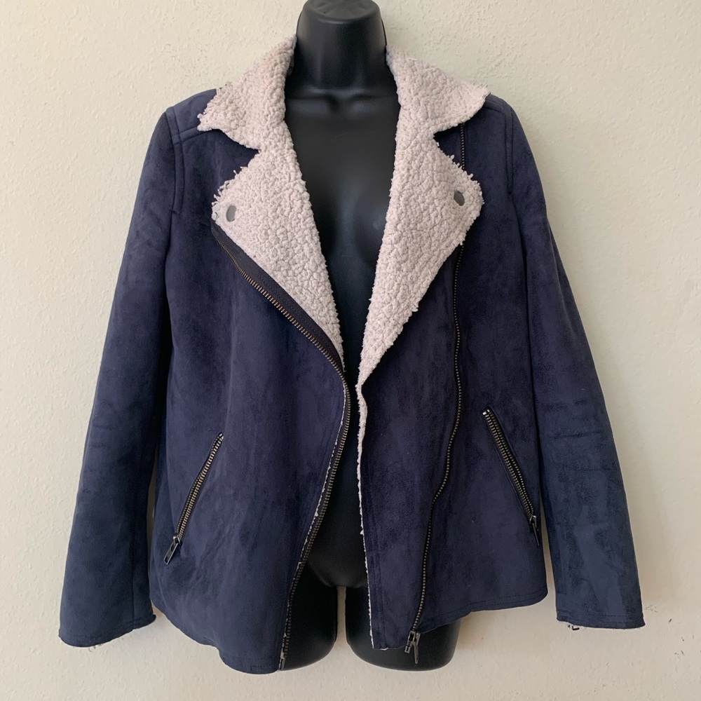 Leith Blue Faux Suede Sherpa Trim Moto Zip Jacket - Picture 4 of 15